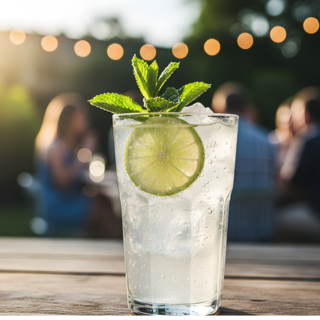 “Close-up of a finished mojito in a stylish glass with lime wheel and mint sprig garnish, ice cubes sparkling, summer party setting with blurred background, vibrant and refreshing.”