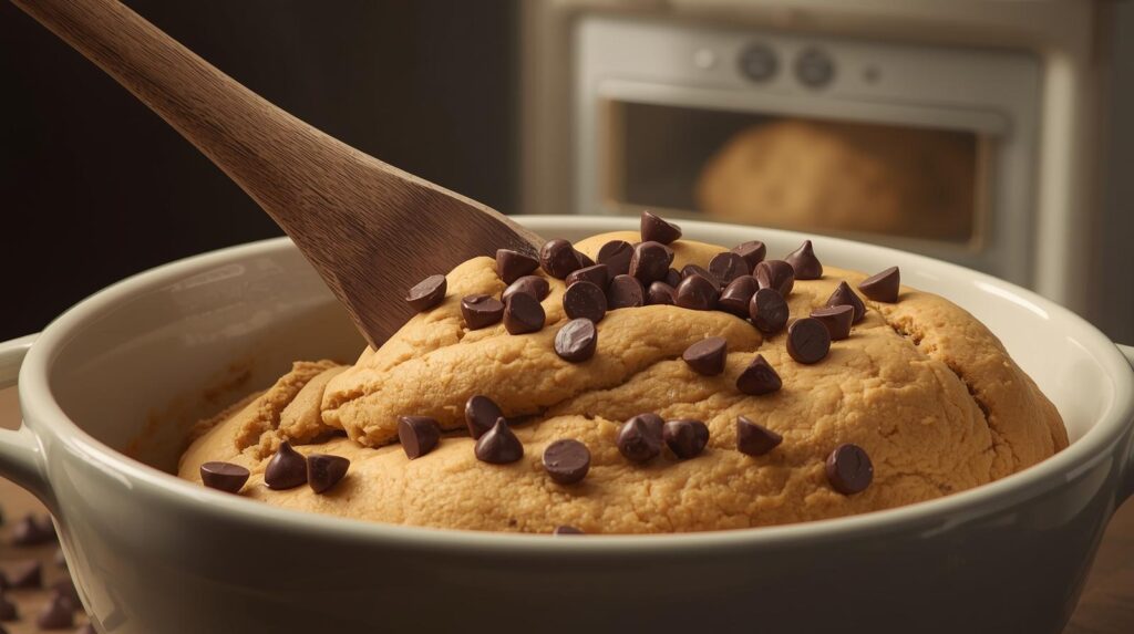 Folding semi-sweet chocolate chips into cookie dough and chilling in the fridge to enhance flavor and texture for soft chocolate chip cookies."