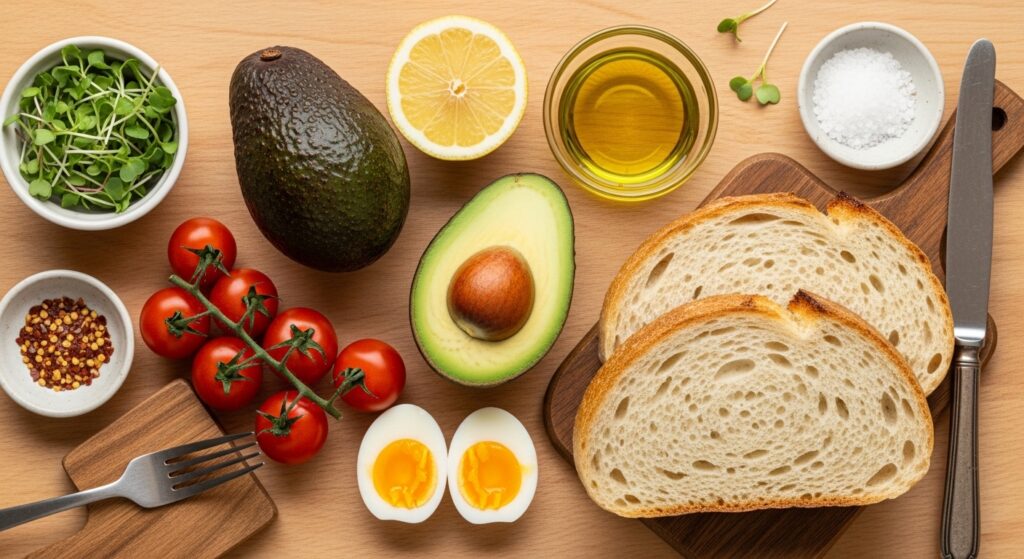 Avocado toast ingredients flat lay with ripe avocado sourdough lemon olive oil and soft boiled egg