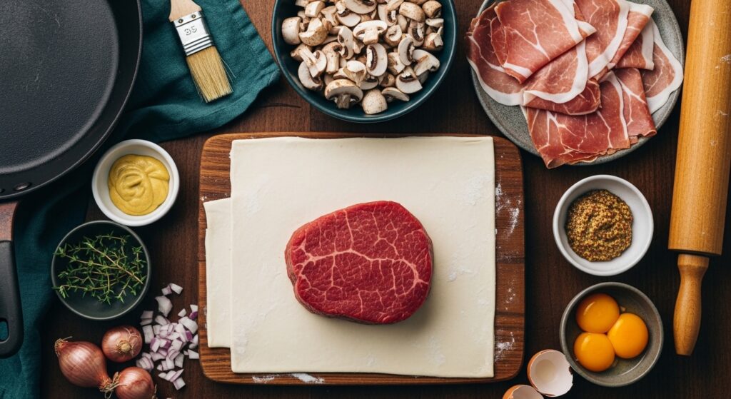 
Beef Wellington ingredients flat lay with tenderloin prosciutto mushrooms puff pastry and Dijon mustard