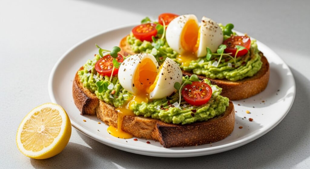 Best avocado toast on sourdough with soft boiled egg flaky salt cherry tomatoes and microgreens