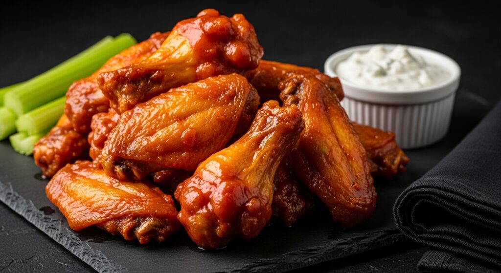 Best buffalo wings piled on slate board with crispy skin glossy hot sauce and blue cheese dip