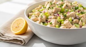 Best chicken salad recipe in white bowl with celery red onion parsley and creamy mayo dressing