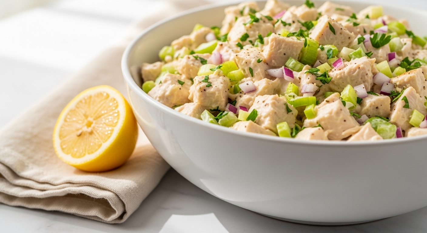 Best chicken salad recipe in white bowl with celery red onion parsley and creamy mayo dressing