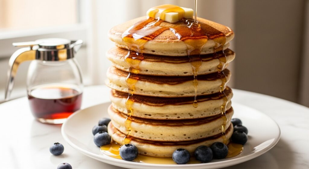 Best homemade pancake recipe stacked high with melting butter maple syrup and fresh blueberries