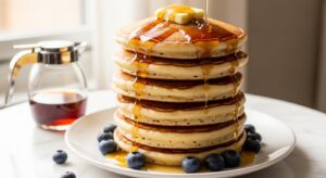 Best homemade pancake recipe stacked high with melting butter maple syrup and fresh blueberries