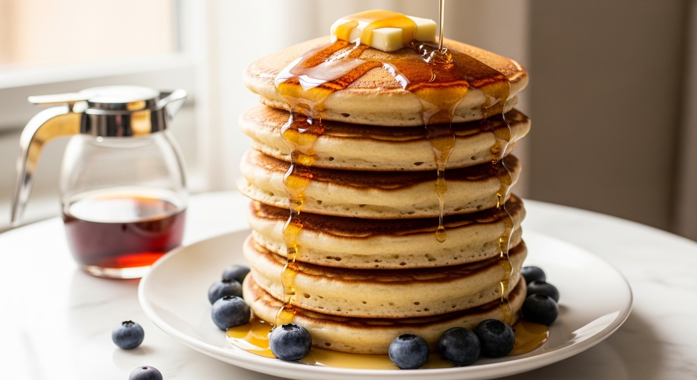 Best homemade pancake recipe stacked high with melting butter maple syrup and fresh blueberries