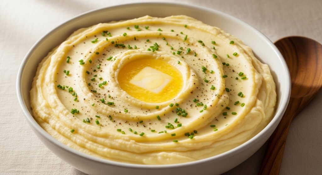 Best mashed potatoes in white bowl with melting butter fresh chives and cracked black pepper
