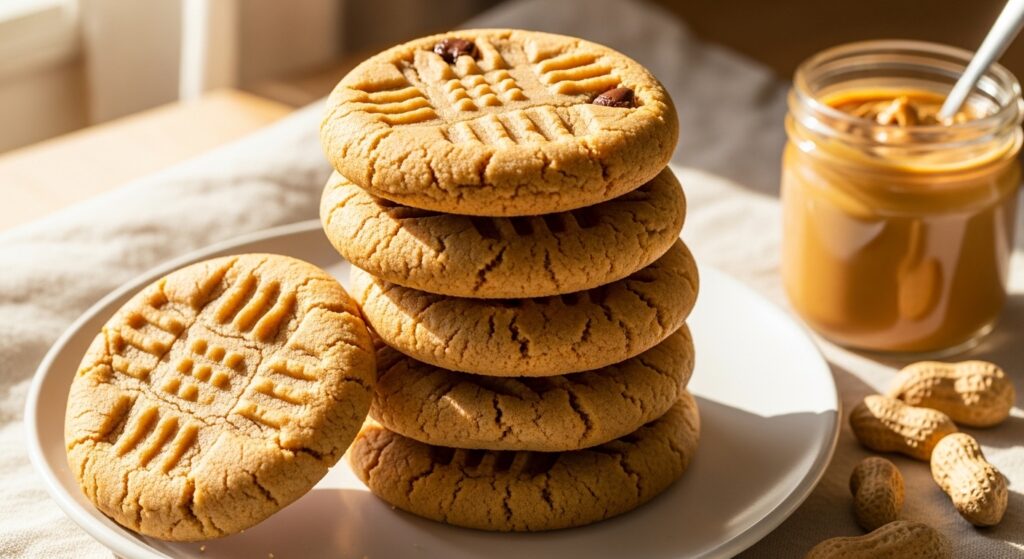 Best peanut butter cookies stacked on plate with crisscross fork pattern golden edges and soft centers