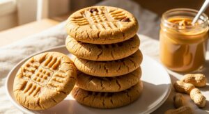 Best peanut butter cookies stacked on plate with crisscross fork pattern golden edges and soft centers