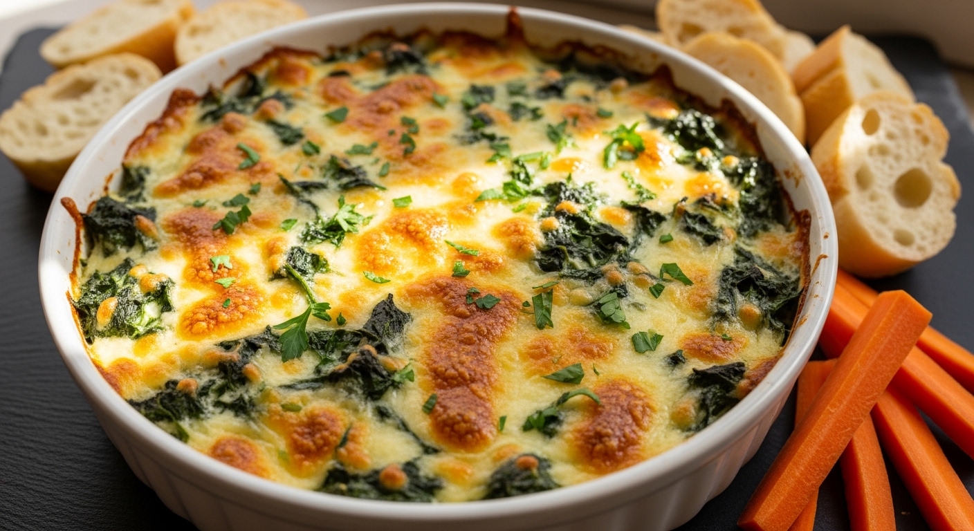 Best spinach dip in white baking dish with golden melted cheese fresh parsley and crusty baguette