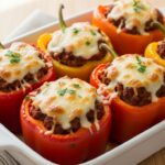 Best stuffed peppers in white baking dish with melted mozzarella beef rice filling and fresh parsley