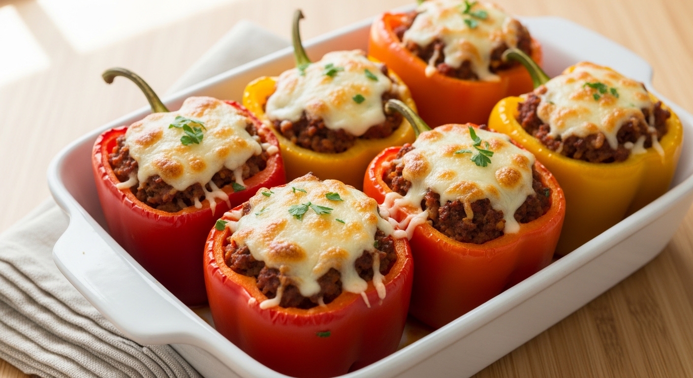 Best stuffed peppers in white baking dish with melted mozzarella beef rice filling and fresh parsley
