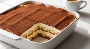 Best tiramisu recipe in white dish showing defined mascarpone layers and cocoa dusted top