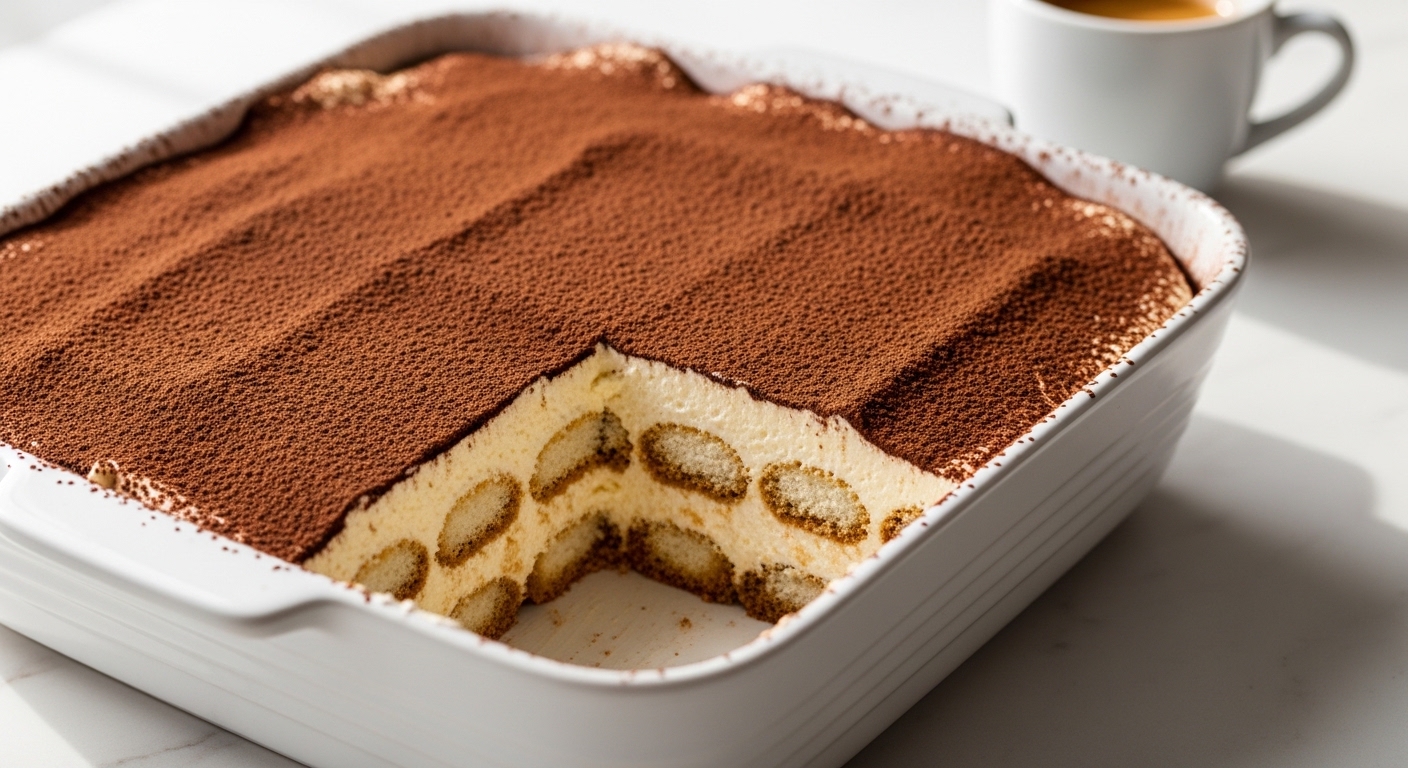 Best tiramisu recipe in white dish showing defined mascarpone layers and cocoa dusted top
