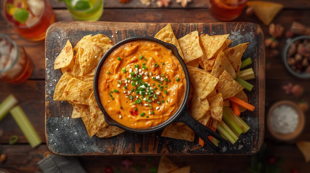 "Buffalo chicken dip served in a skillet on a wooden board, surrounded by tortilla chips, celery, and carrot sticks, perfect for parties or game day snacks."