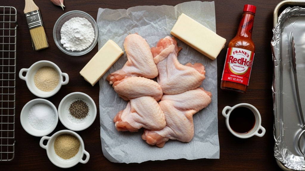 Buffalo wings ingredients flat lay with raw chicken wings hot sauce butter baking powder and seasonings