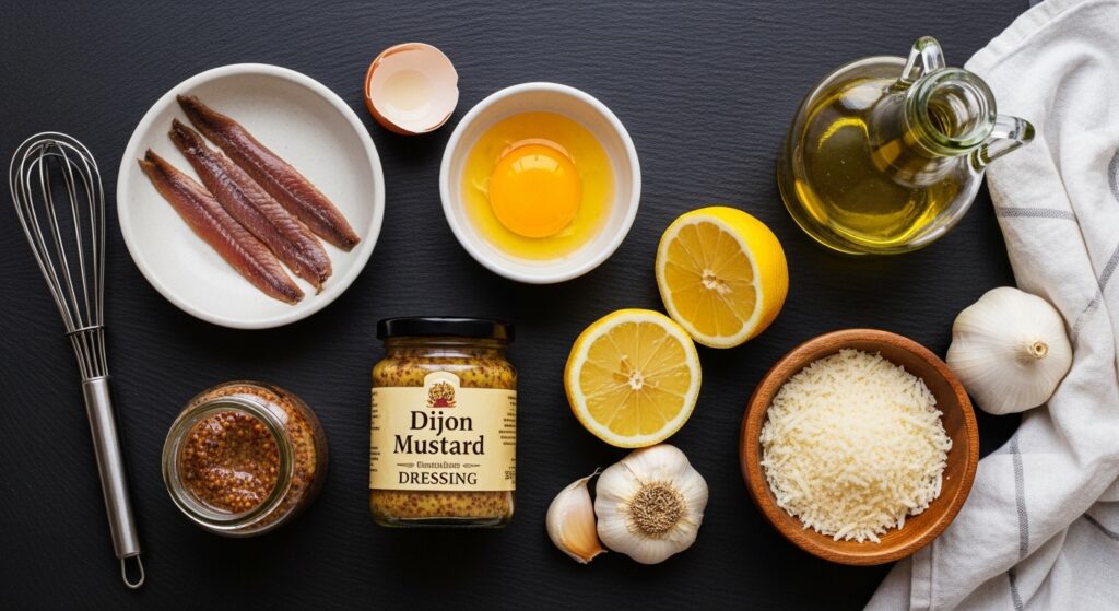 Caesar salad dressing ingredients flat lay with anchovies garlic egg yolk and Parmesan