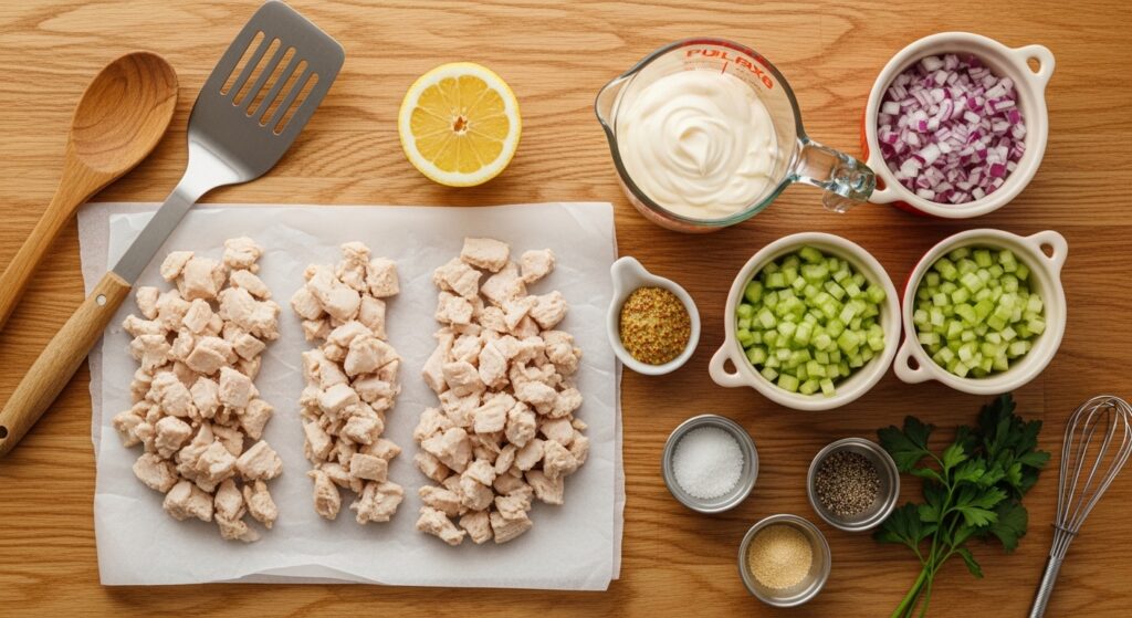 Chicken salad ingredients flat lay with chopped chicken mayo lemon Dijon celery and fresh parsley