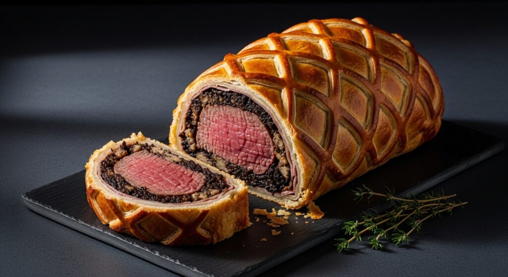 Classic Beef Wellington sliced open showing pink tenderloin mushroom duxelles and crispy puff pastry