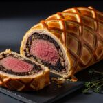 Classic Beef Wellington sliced open showing pink tenderloin mushroom duxelles and crispy puff pastry