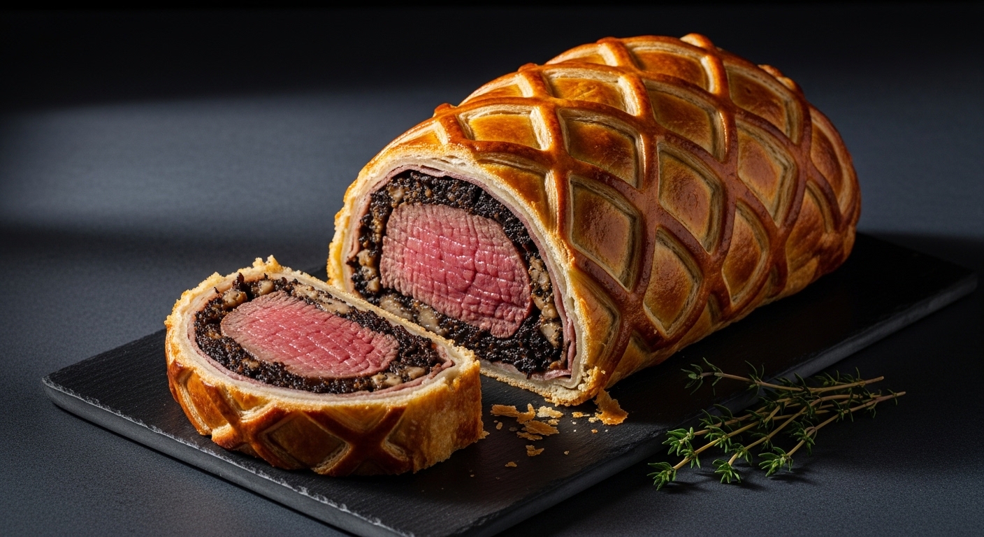 Classic Beef Wellington sliced open showing pink tenderloin mushroom duxelles and crispy puff pastry