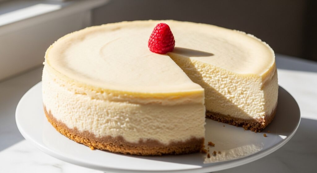 Classic New York cheesecake on white stand with smooth top golden crust and raspberry compote