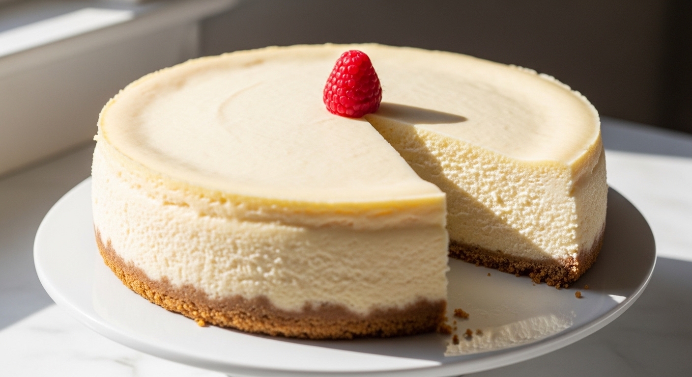 Classic New York cheesecake on white stand with smooth top golden crust and raspberry compote