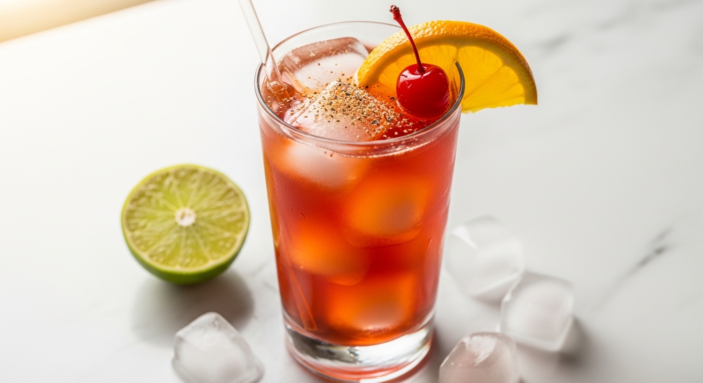Classic rum punch in tall glass with orange slice cherry ice cubes and nutmeg garnish