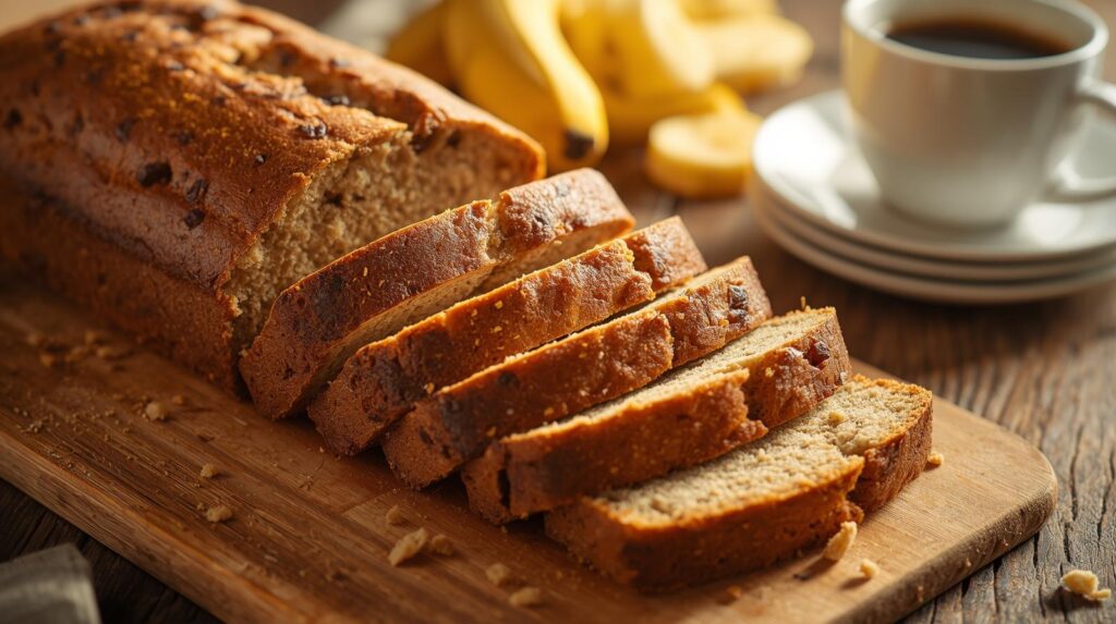 “Close-up of sliced banana bread on a white plate showing soft, moist interior and golden crust, crumbs scattered naturally, served with coffee and fresh banana slices, cozy breakfast setup with warm sunlight.”