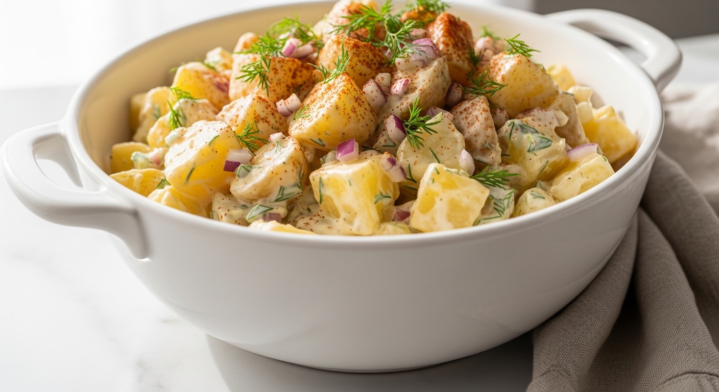 Creamy best potato salad recipe in white bowl garnished with fresh dill and paprika