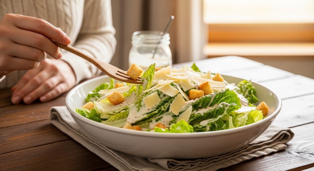 Creamy homemade Caesar salad dressing coating fresh romaine with Parmesan and croutons