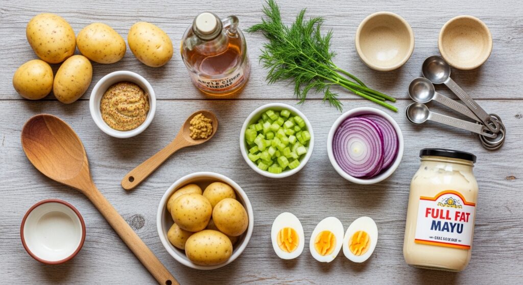Fresh ingredients for classic potato salad including Yukon Gold potatoes Dijon mustard and dill