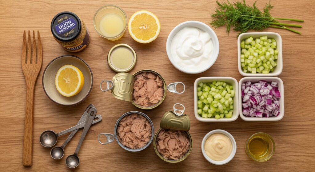 Fresh ingredients for healthy tuna salad including Greek yogurt canned tuna lemon and Dijon mustard