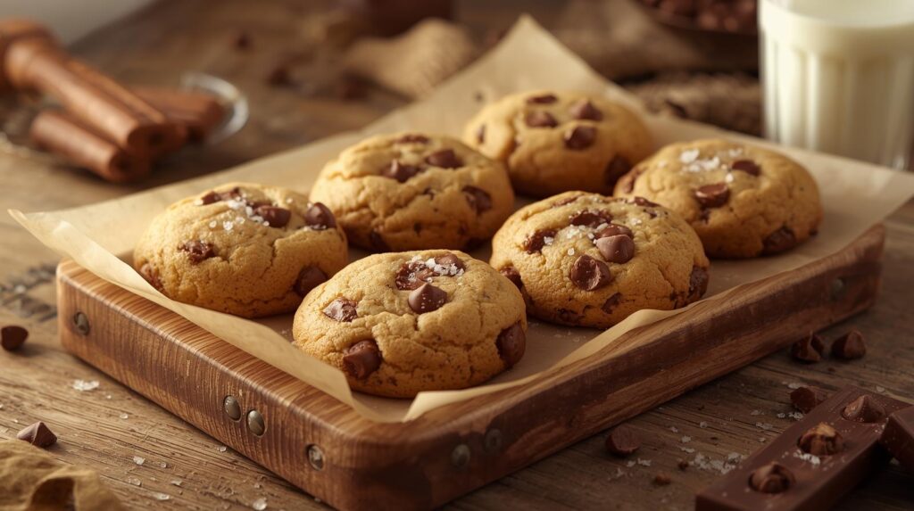 "Freshly baked golden-brown chocolate chip cookies with melty chocolate and a sprinkle of flaky sea salt, resting on a parchment-lined tray."