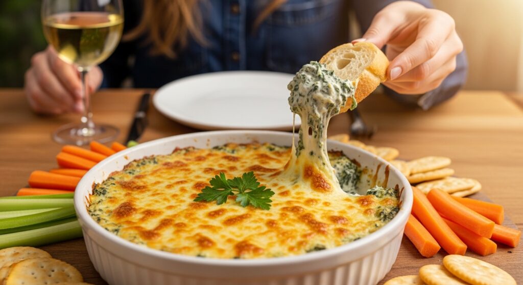 Hand dipping bread into best spinach dip with golden cheese top parsley and party table background