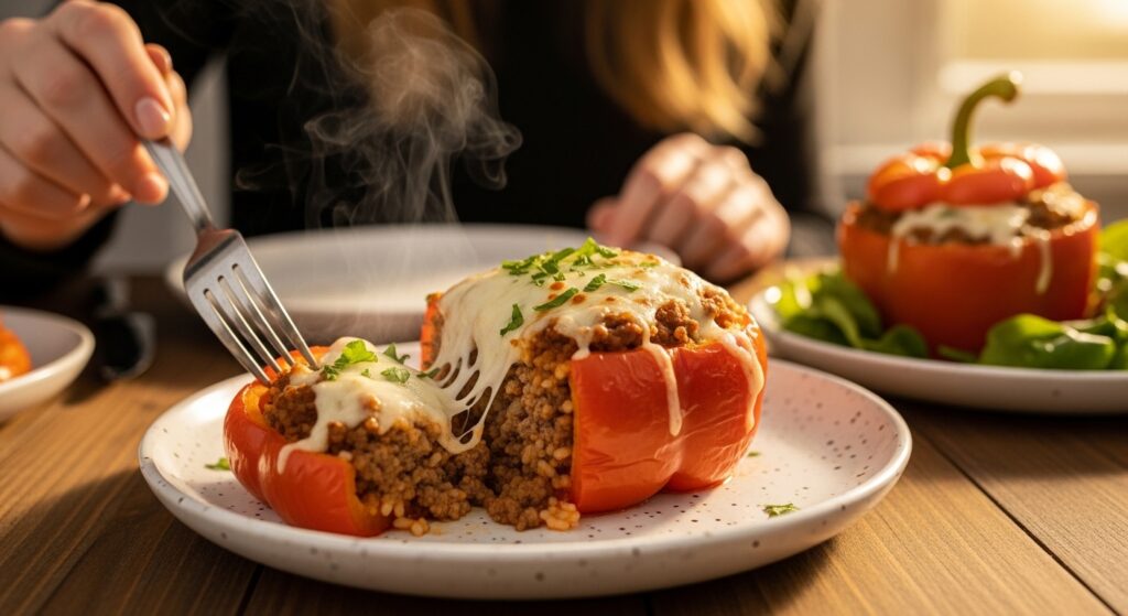 Hand forking into best stuffed peppers on plate showing juicy beef rice filling and melted cheese