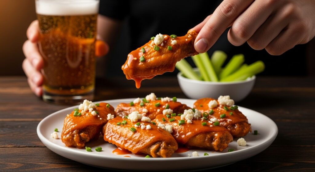 Hand grabbing crispy best buffalo wing from plate with glossy hot sauce blue cheese and celery sticks