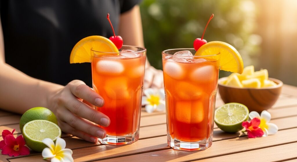 Hand holding classic rum punch glass with orange garnish cherry ice and tropical patio background
