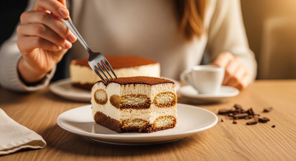 Hand holding fork beside best tiramisu recipe slice showing clean mascarpone layers and cocoa top