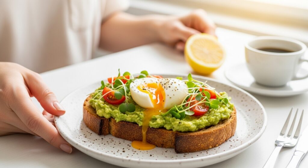 Hand holding plate of best avocado toast with runny egg microgreens and cherry tomatoes on sourdough
