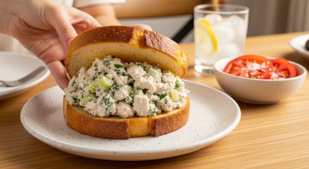 Hand holding sourdough sandwich loaded with best chicken salad celery parsley and creamy mayo filling