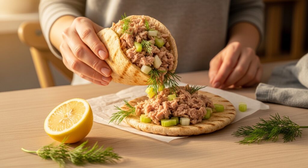 Hand holding whole grain pita stuffed with healthy tuna salad fresh dill and creamy yogurt dressing