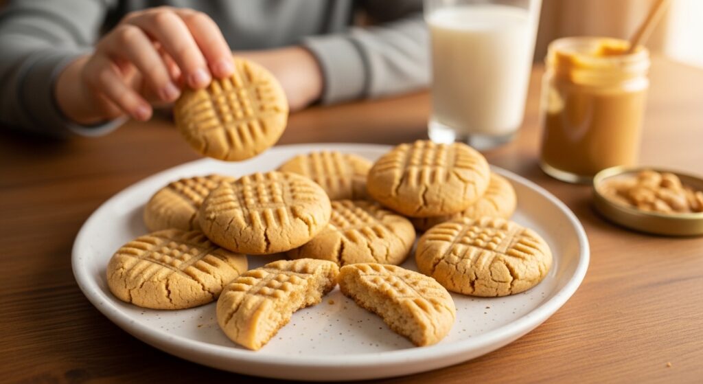 Peanut butter cookie ingredients flat lay with peanut butter butter eggs brown sugar flour and chocolate chips