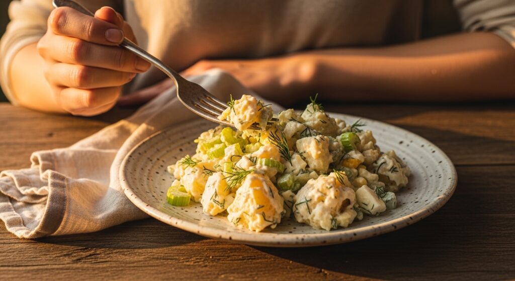 Hand scooping creamy best potato salad from rustic plate with fresh dill on wooden table