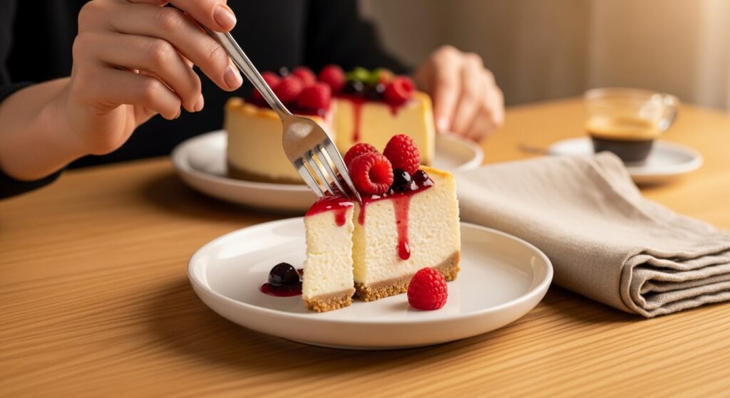 Hand slicing classic New York cheesecake with dense creamy interior golden crust and fresh raspberries