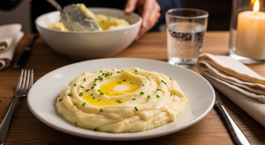 Hand spooning best mashed potatoes onto plate with melted butter chives and fluffy creamy texture