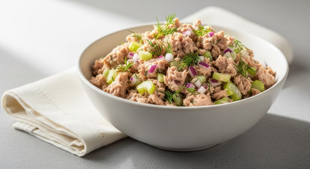 Healthy tuna salad recipe in white bowl with fresh dill celery and creamy Greek yogurt dressing