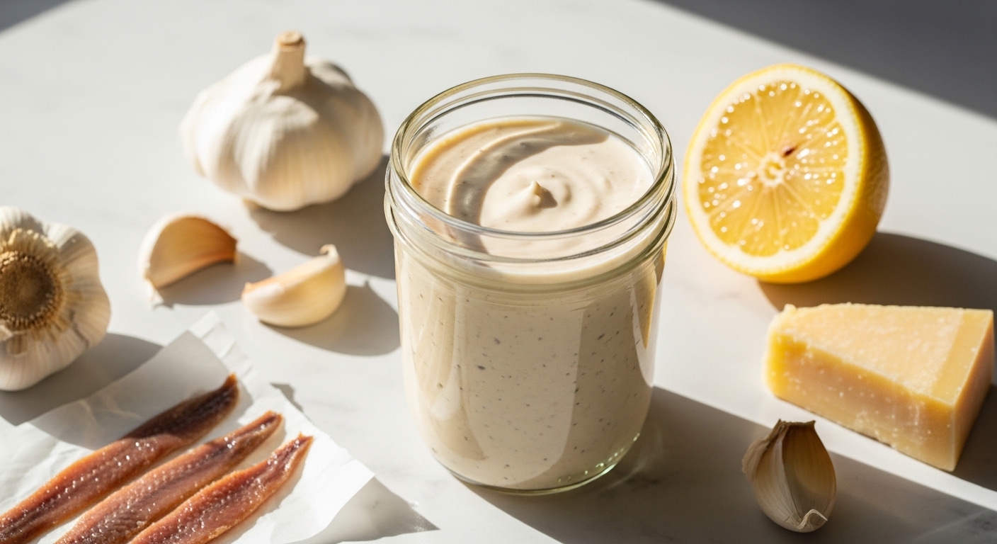 Homemade Caesar salad dressing in glass jar with garlic lemon and Parmesan