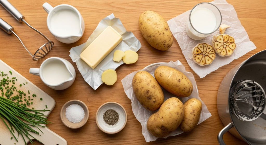Mashed potato ingredients flat lay with russet potatoes butter heavy cream garlic chives and salt